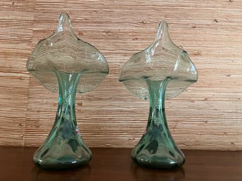 Pair Of Fenton Green Hand Painted Jack In The Pulpit Vase Signed By Artist - LV9