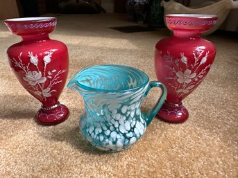 2 Red Hand Painted Vases And One Teal Speckled Miniature Vase - LV46