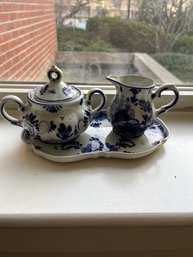 Delft Blue & White Creamer & Sugar Bowl On Tray - 28