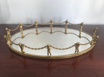 Antique Oval Mirrored Dresser Tray With Cherub Putti Chain Fence