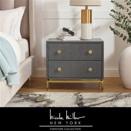 #5 Nicole Miller Aharon Side Table, 2 Drawers, Faux Shagreen, Gray/Gold