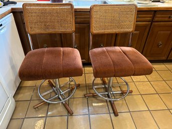 Two Vintage Counter Height Stools - Cain Chrome With Corduroy Seats - K25