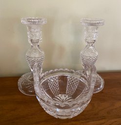 Pair Of 7.5'  Cut Glass Candle Holders And Matching Bowl - 37