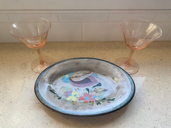 2 Pink Depression Glasses And Portuguese Plate