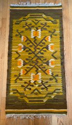 Vintage Flax Wool 4 X 2 Rug With Fringe In Browns Greens And Golden Yellow