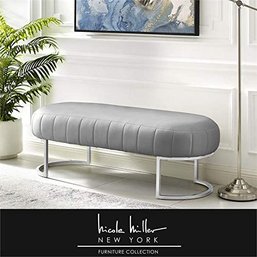 #26 Posh Living Nicole Miller Orpheus Modern Faux Leather Bench In Gray/Silver