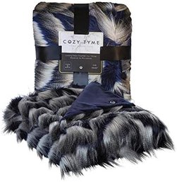 #78 Cozy Tyme Faux Feather Fur Throw 50-inx60-in Navy Knit Solid Reversible Throw