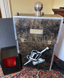 Vintage Magicians Folding Travel Trunk And Stage Prop With Zombie Ball, Knives Thru The Head Box, Etc. -M1