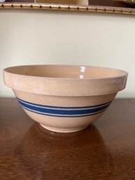 Vintage Yellow Ware Pottery Bowl With Blue Stripes