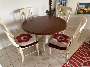 Space Saving Round Stained And Creme Colored Drop Leaf Pedestal Table With 4 Cushioned Matching Chairs - B18