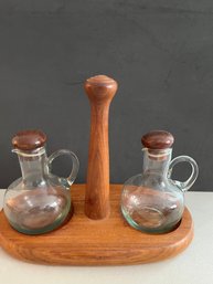 Vintage Dansk Teak & Glass Cruet Set Oil And Vinegar On Tray - 6