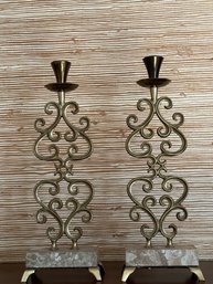 Two Brass Candle Sticks On Marble Stands - LV36