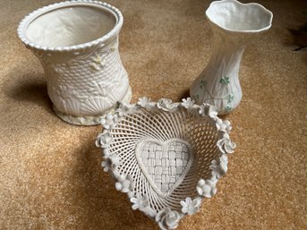 3 Piece Belleek Collection Includes Floral Heart Dish And 2 Vases - LV45