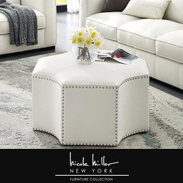 #83 Nicole Miller New York Fiorella Leather PU Octagon Cocktail Ottoman Single Tuft Chrome Nailhead Trim White