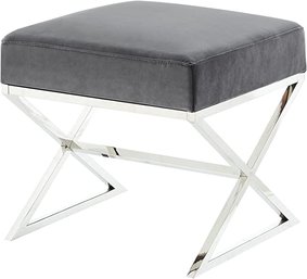 #42 Inspired Home Aurora Grey Velvet Upholstered Ottoman -Stainless Steel Chrome X-Legs Bedroom 1 Pc