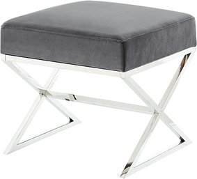 #51 Inspired Home Aurora Grey Velvet Upholstered Ottoman -Stainless Steel Chrome X-Legs Bedroom 1 Pc