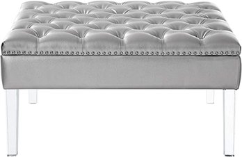 #87 Coco Silver Leather Acrylic Ottoman Cocktail Coffee Table Square Tufted Modern And Contemporary In