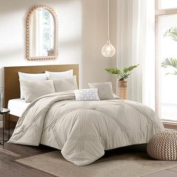 #137 Grace Living Sariyah Pleated 5pc FullQueen Comforter Set, 100 Polyester Filling, Beige