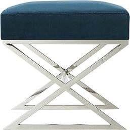 #108 Inspired Home Aurora Blue Velvet Upholstered Ottoman - Stainless Steel Chrome X-Legs Bedroom 1 Pc