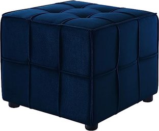 #87 Loft Lyfe Alethea Cube Ottoman - Velvet Upholstered Tufted Allover Modern Style Navy