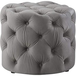 #52 SINGLE Inspired Home Grey Velvet Ottoman - Design: Lauren Allover Tufted Round Modern Contemporary 1 PC