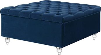 #135 Inspired Home Raphael Velvet Modern Oversized Button Tufted Square Storage Ottoman Blue