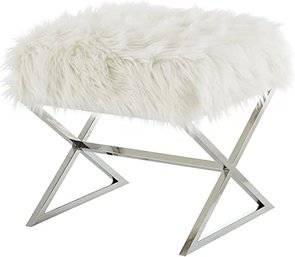 #97 Inspired Home Aurora White Faux Fur Ottoman Stainless Steel Chrome X-Legs Upholstered Bedroom 1pc