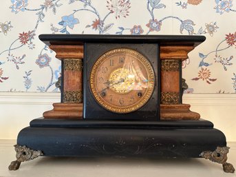 Antique Gilbert Wooden Mantle Clock With Lions Heads And Original Winding Key - Dr10