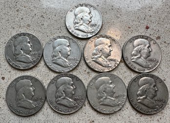 9 (Nine) Benjamin Franklin Silver Half Dollars Various Years 1950-1963 - 32