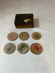 Vintage Wooden Tokens In A Wood Covered Box