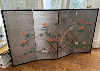 Asian Antique Hand Painted 4 Panel Screen With Brass Hinges - 3