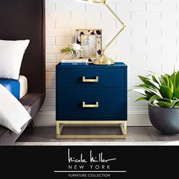 #13 Emiliana 2 Drawer High Gloss Side Table With Sainless Steel Base And Handle, Dark Navy/Gold