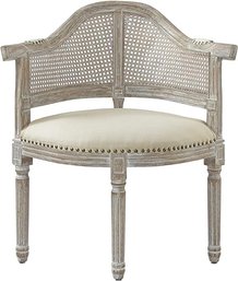 #128 Rustic Manor Durant AccentDining Chair, Linen Armchair WNailhead Trim, Antique Wood Finish, Cream White