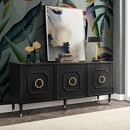 #114 Inspired Home Sideboard - Black Design: Belen 3 Doors Brushed Finish Gold Handle And Leg Tip**DAMAGE**