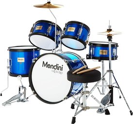 #132 Mendini By Cecilio Kids Drum Set 5 Pc Full 16in Youth With Bass, Toms, Snare Drum, Cymbal, Hi-Hat
