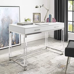 #93 Casandra High Gloss 2 Drawers Writing Desk Acrylic Legs Chrome Stainless Steel Base, White/Chrome *damage*