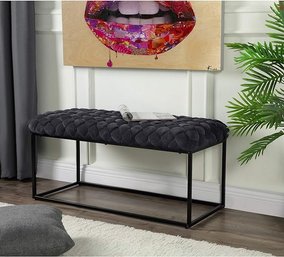 #39 Upholstered Velvet Bench - Hand Woven Entry Bench With Mordern Black Base Frame Legs Black