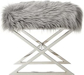 #12 Inspired Home Aurora Grey Faux Fur Ottoman - Stainless Steel Chrome X-Legs Upholstered Bedroom 1 Piece