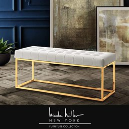 #27 Nicole Miller Dwayne Bench - PU Leather Upholstered Button Tufted Metal Frame Modern White/Gold