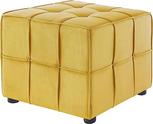 #15 Loft Lyfe Alethea Cube Ottoman - Velvet Upholstered Tufted Allover Modern Style Yellow