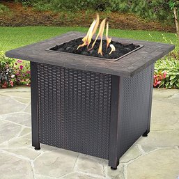 #85 Endless Summer 30 Inch Square 30,000 BTU LP Gas Outdoor Fire Pit Table W/Mosaic Resin Mantel Steel Wicker