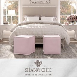 #60 (1) Shabby Chic Larue Upholstered Linen Square Ottoman, Bedroom And Living Room Furniture, Light Pink