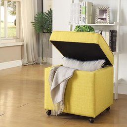 #25 Inspired Home Harrison Linen Modern Contemporary Hidden Storage Castered Legs Ottoman Cube, Yellow