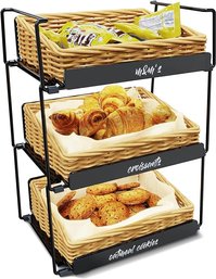 #29 3 Tier Countertop Willow Basket Stand, Chalk Label & Removable Baskets Retail Tower Storage Shelves