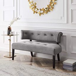 #110 Velvet Settee Bench With Back - Button Tufted Velvet Bench For Living Room Miranda, Grey