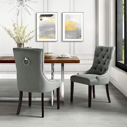 #122 InspiredHome Light Grey Leather Dining Chair - Design: Alberto Set Of 2 Tufted Ring Handle Chrome