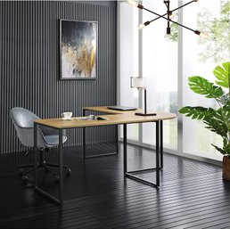 #106 Loft Lyfe Bryanna Writing Desk W/Black Legs, L-Shaped, Curved Corner & Powder Coated Frame, Natural