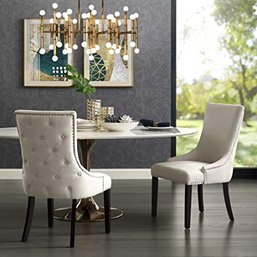 #92InspiredHome Cream Linen Dining Chair - Design: Oscar Set Of 2 Back Tufted Nailhead Trim Finish