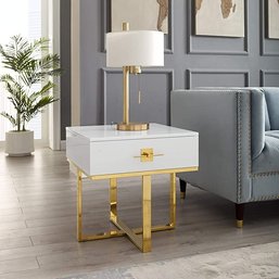 #43 Nicole Miller Side Table - White/Gold Design: Mandisa 1 Drawer Hight Gloss Lacquer Finish