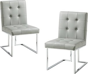 #81 Inspired Home Vanderbilt PU Leather Button Tufted Armless Chrome Frame Dining Chair Set Of 2, Light Grey